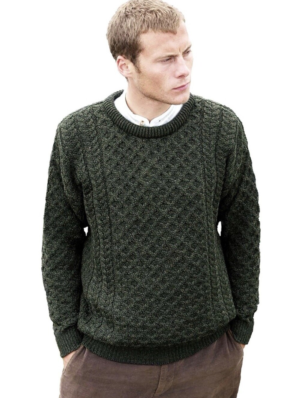 Aran Crafts Unisex Irish Cable Knit 100% Merino Wool Sweater Size L Army Green